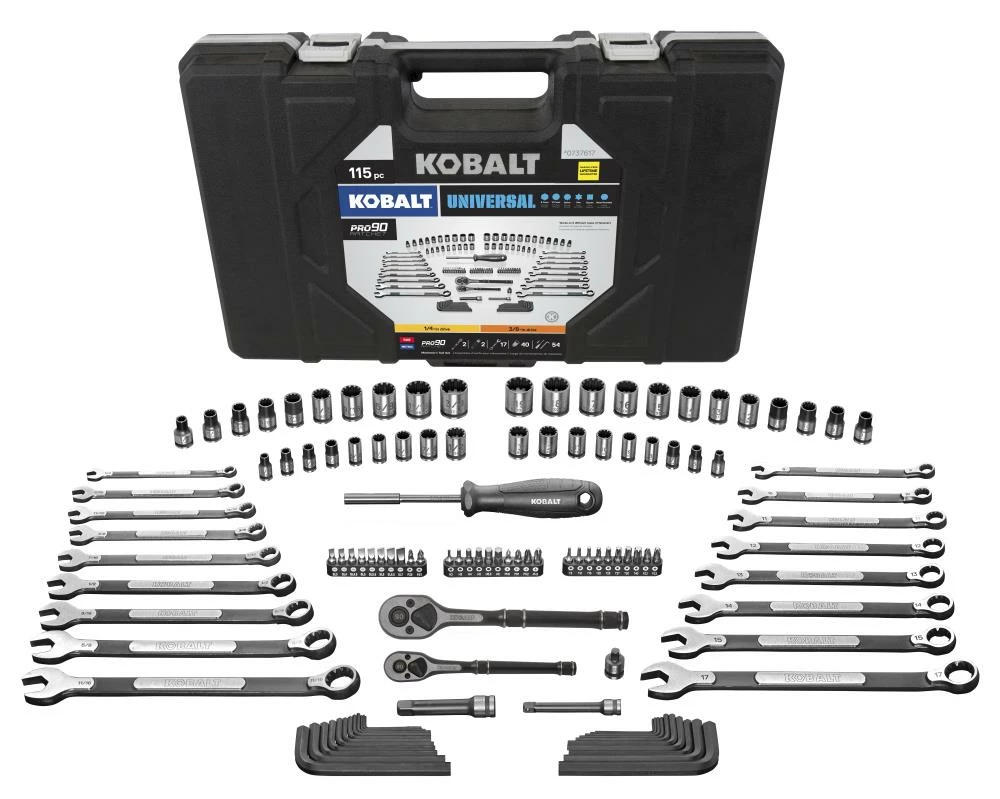 Kobalt Mechanics Tool Sets Universal 115-Piece Standard (SAE) and Metric Combination Matte Mechanics Tool Set (1/4-in; 3/8-in) 1 Kobalt Mechanics Tool Sets Universal 115-Piece Standard (SAE) and Metric Combination Matte Mechanics Tool Set (1/4-in; 3/8-in)