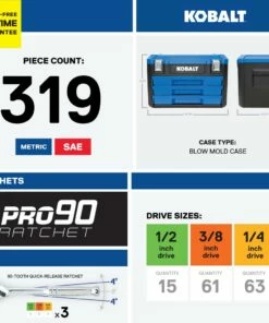 Kobalt Mechanics Tool Sets 319-Piece Standard (SAE) and Metric Combination Polished Chrome Mechanics Tool Set (1/4-in; 3/8-in) -Kobalts Shop 15100861