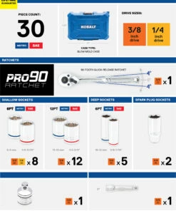 Kobalt Mechanics Tool Sets 30-Piece Standard (SAE) and Metric Combination Polished Chrome Mechanics Tool Set (3/8-in;) -Kobalts Shop 47832736 scaled